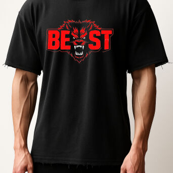 Postrzępiona koszulka oversize BEAST –  siłowa, z grafiką z przodu i tyłu | TETA Sportswear