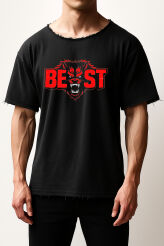 Postrzępiona koszulka oversize BEAST –  siłowa, z grafiką z przodu i tyłu | TETA Sportswear